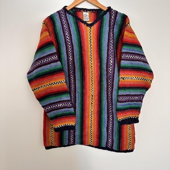 Vintage Rainbow Knit Pullover Men Large V Neck Wool Striped Ecuador Boho Surf